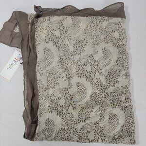 Ruyi Women's Neck Scarf Brown Beige NOS New Leaf Print ~ 74x27" Border Cotton